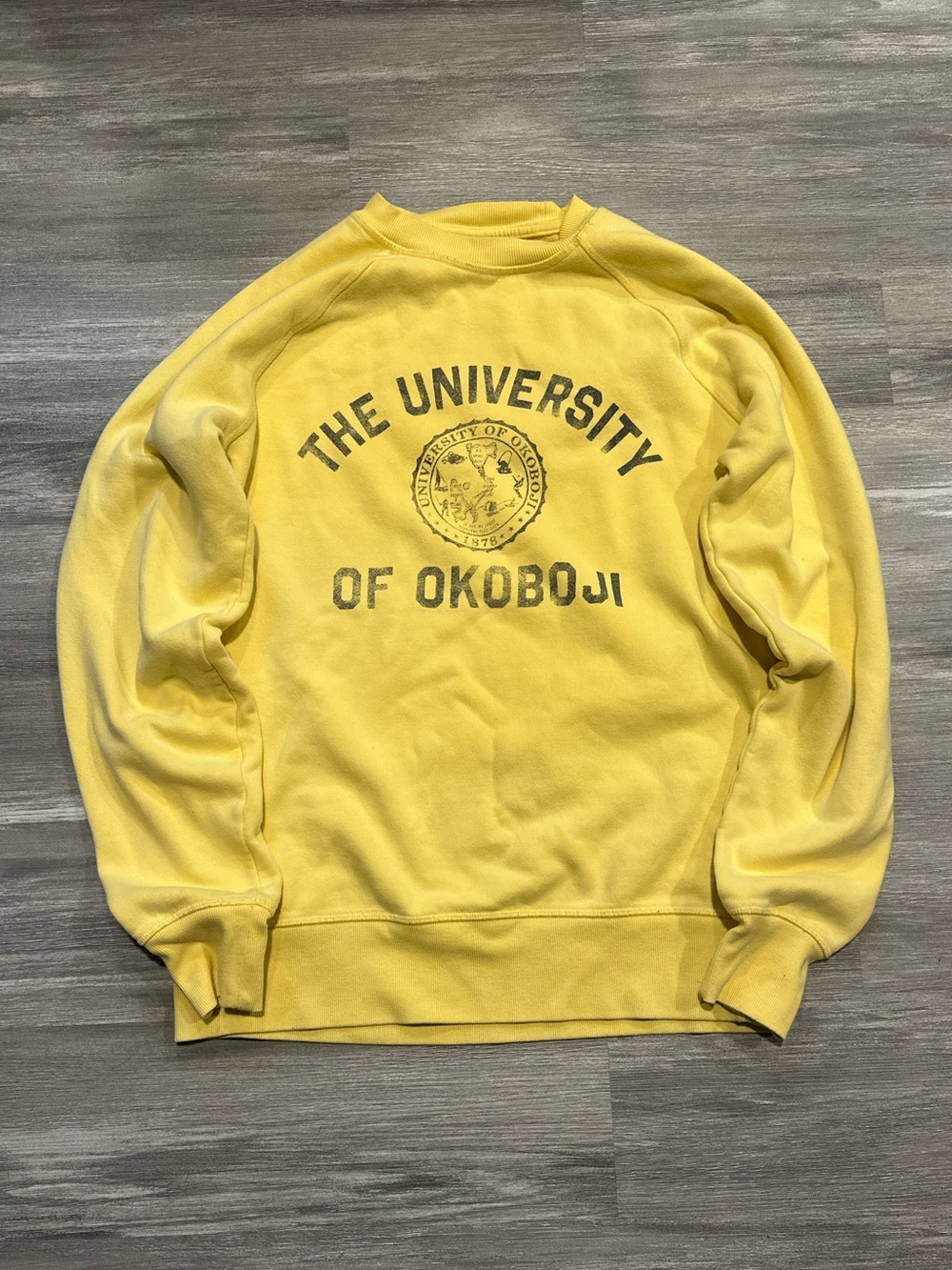 Outta Town 'The University of Okoboji' Yellow Crewneck Sweatshirt Small